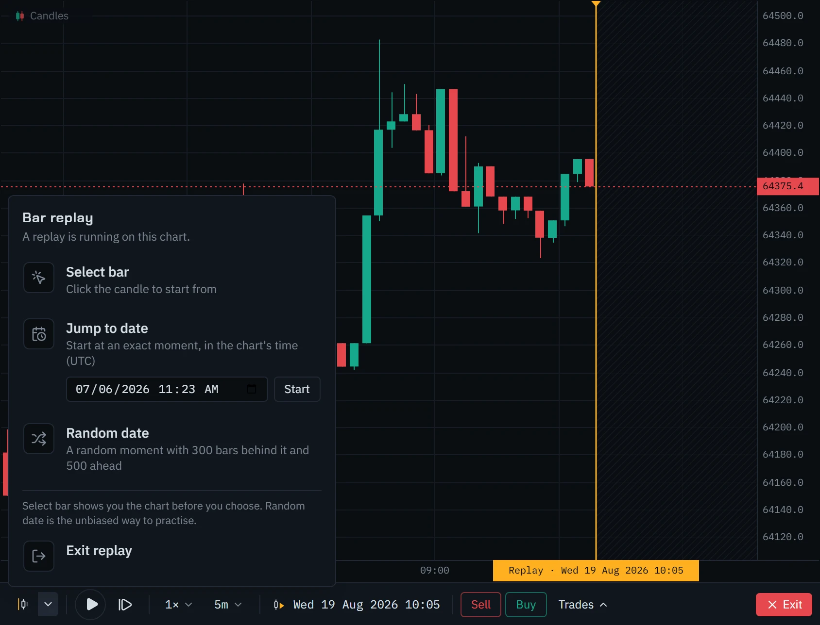 A replayed Bitcoin chart with the start menu open above the control bar: Select bar, Jump to date with a date and time box, and Random date.