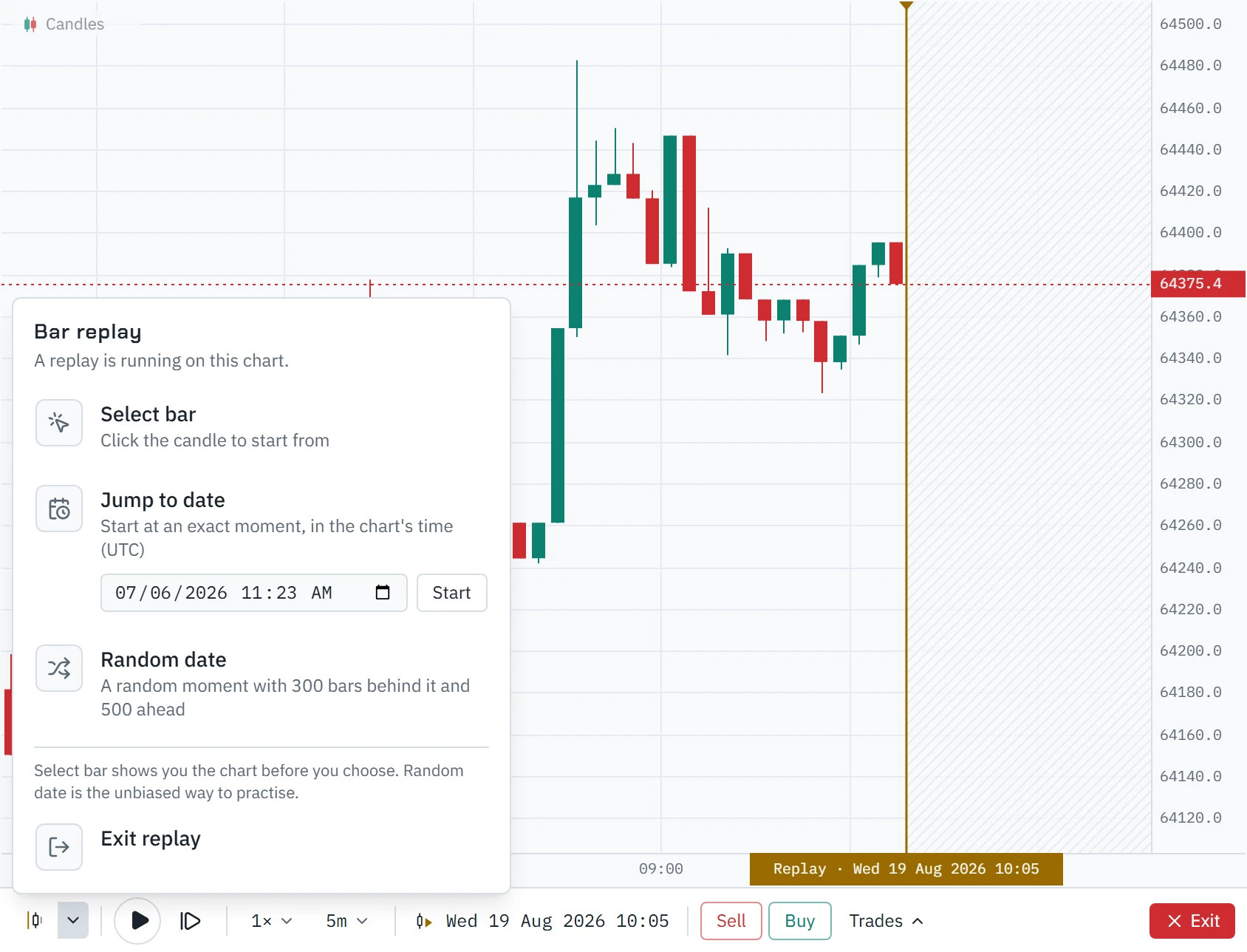 A replayed Bitcoin chart with the start menu open above the control bar: Select bar, Jump to date with a date and time box, and Random date.