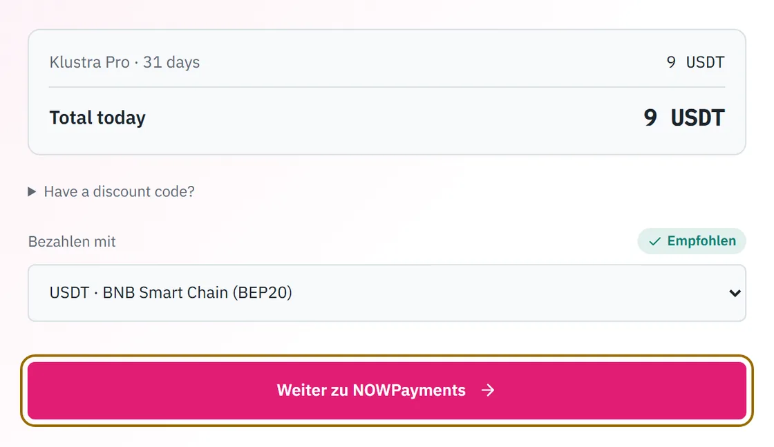 Der Gesamtbetrag und der Button, der die Zahlungsseite öffnet