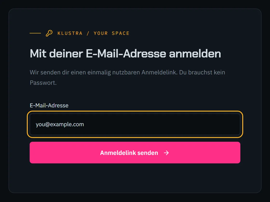 Das Anmeldeformular: ein E-Mail-Feld und der Button, der den Link sendet