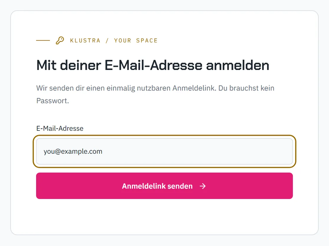 Das Anmeldeformular: ein E-Mail-Feld und der Button, der den Link sendet
