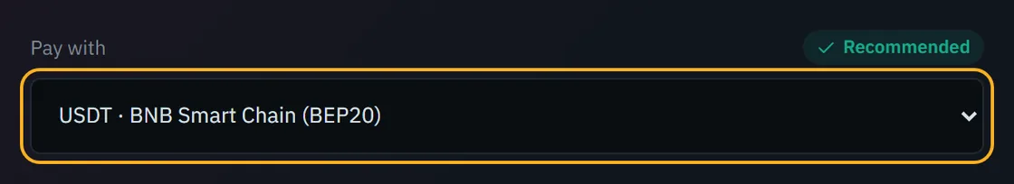 The Pay with menu set to USDT on BNB Smart Chain, marked Recommended