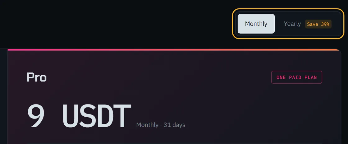 The Monthly and Yearly switch above the Pro plan and its price