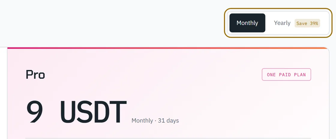 The Monthly and Yearly switch above the Pro plan and its price