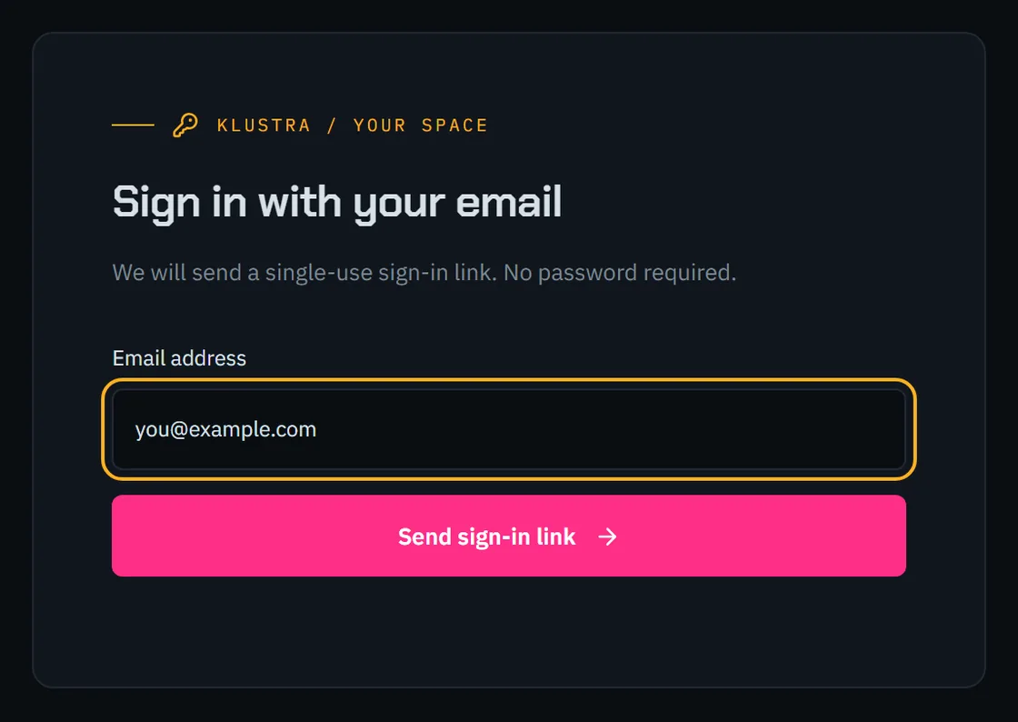 The sign-in form: an email field and the button that sends the link