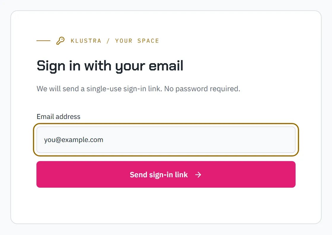 The sign-in form: an email field and the button that sends the link