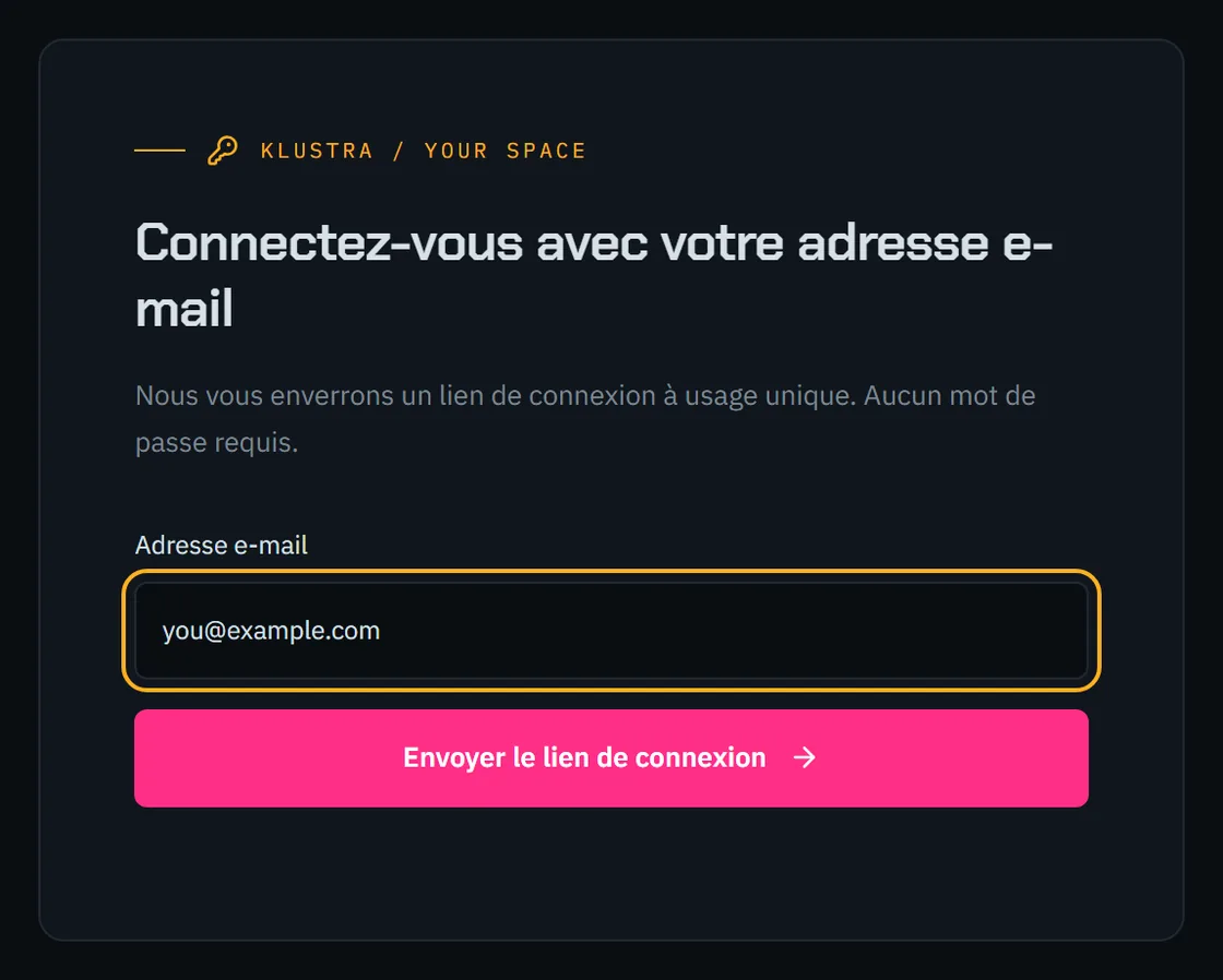 Le formulaire de connexion : un champ e-mail et le bouton qui envoie le lien