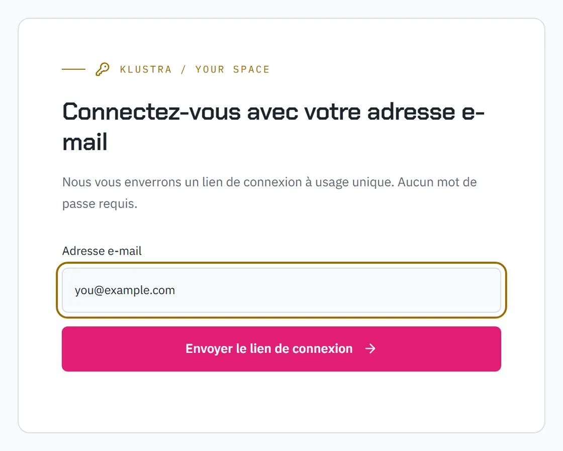 Le formulaire de connexion : un champ e-mail et le bouton qui envoie le lien