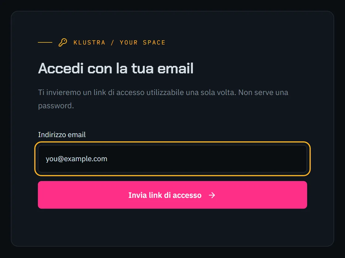 Il modulo di accesso: un campo email e il pulsante che invia il link