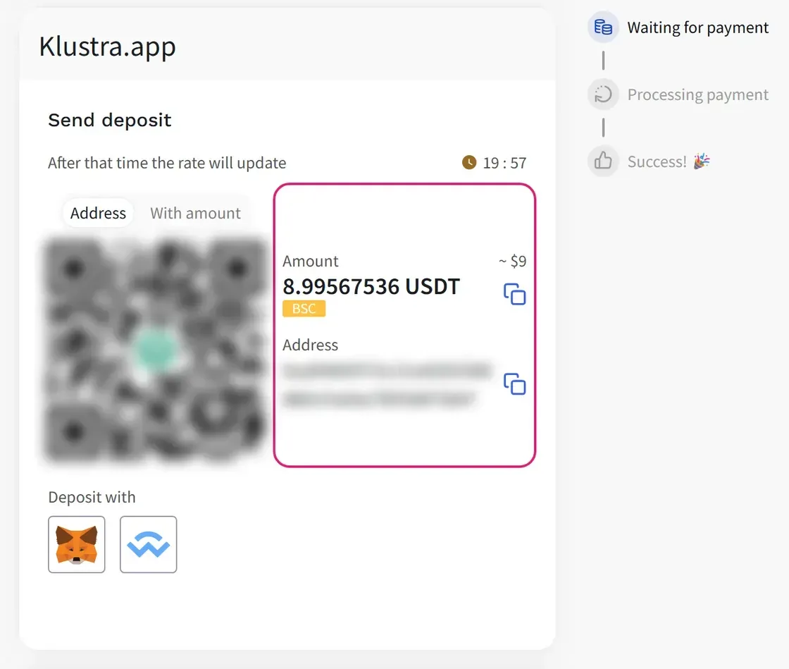 The NOWPayments page: a QR code, the amount in USDT with its network, and the address to send it to