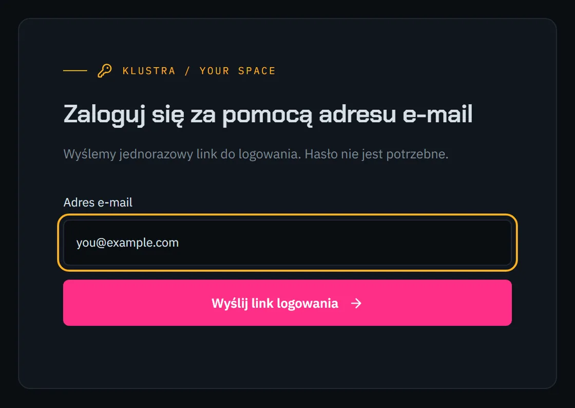 Formularz logowania: pole e-mail i przycisk, który wysyła link