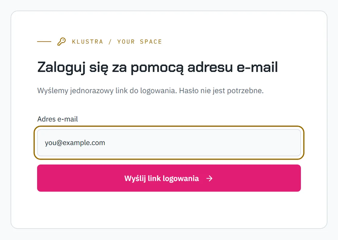 Formularz logowania: pole e-mail i przycisk, który wysyła link