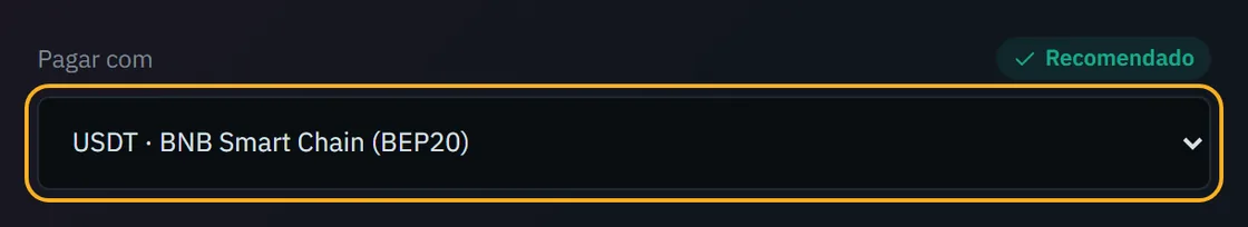 O menu Pagar com definido para USDT na BNB Smart Chain, marcado como Recomendado