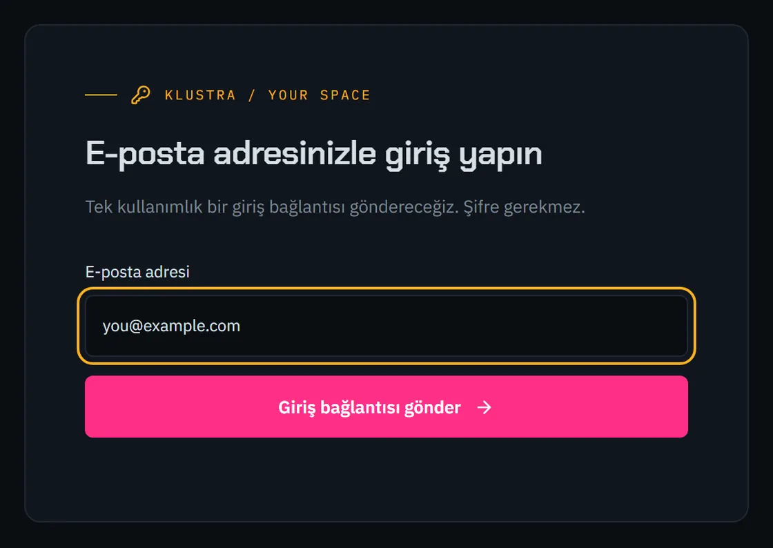Giriş formu: e-posta alanı ve bağlantıyı gönderen düğme