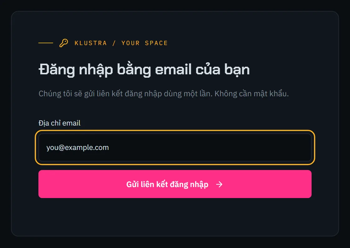 Biểu mẫu đăng nhập: ô nhập email và nút gửi liên kết