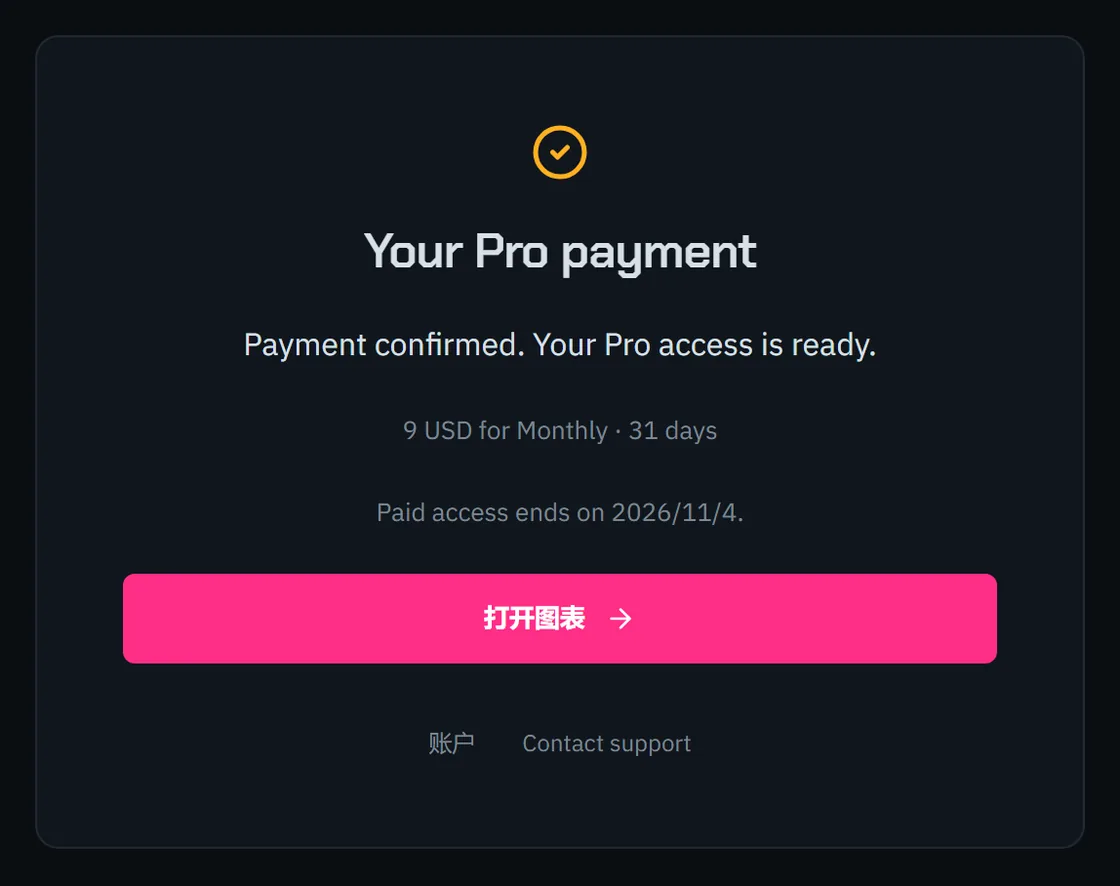 Klustra 付款页面:付款已确认,Pro 已开通